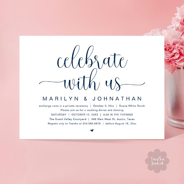 Convite Celebre conosco, Jantar de Elopement de Casamento (Celebrate with us, Wedding Elopement Dinner Party Dancing Invitation Card PDF Navy Blue)