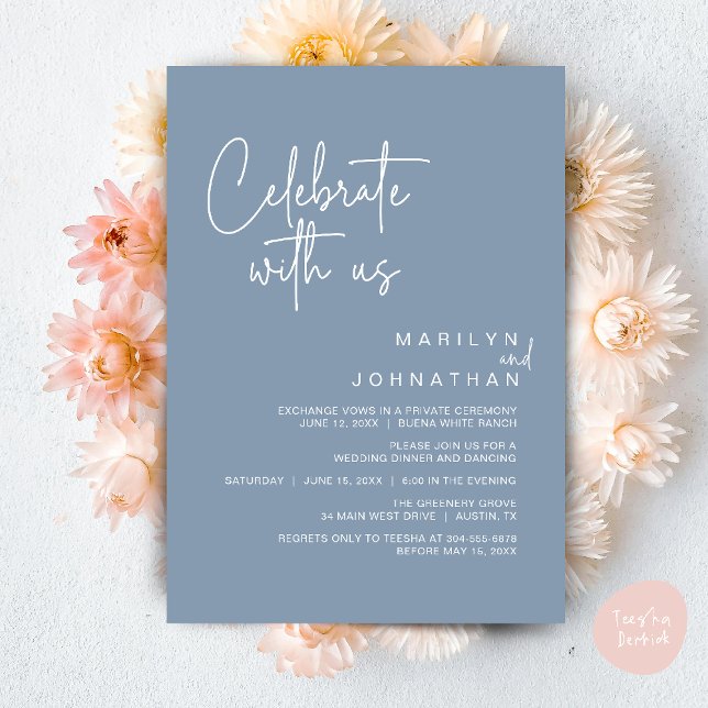 Convite Celebre conosco, Jantar de Festa de Casamento Inti (Celebrate with us, Modern Wedding Elopement Dinner Lunch Brunch Party Invites Card PDF Dusty Blue)