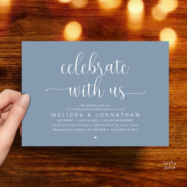 Convite Celebre Conosco Jantar de Noite de Casamento Minim (Celebrate With Us, Modern Minimalist Wedding Reception Dinner Party Invites Card Dusty Blue)