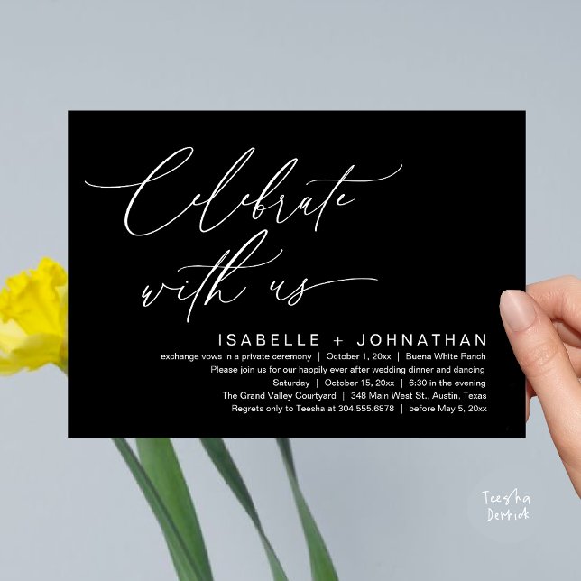 Convite Celebre conosco, Jantar de Noite de Casamento Româ (Celebrate with us, Romantic Wedding Dinner Brunch Party Invites Card PDF Modern Classy Black White)