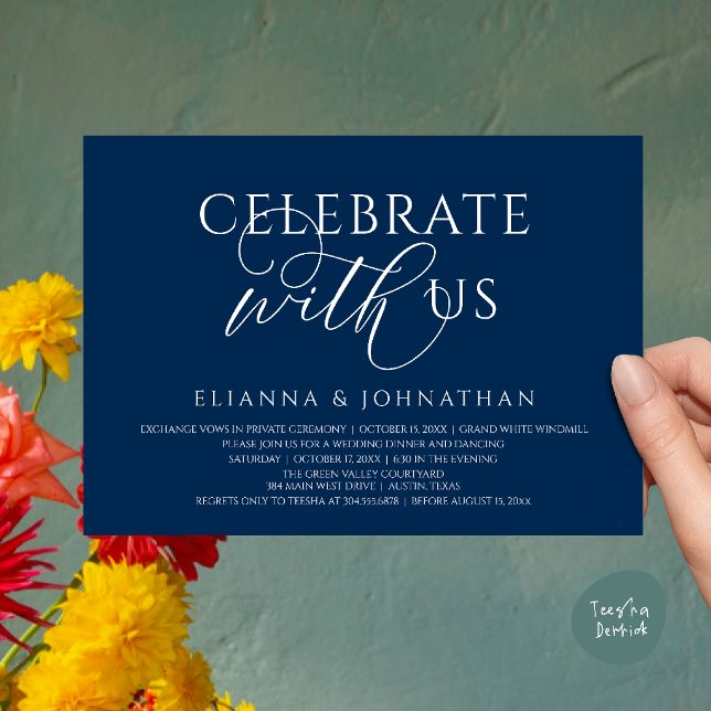 Convite Celebre conosco, Jantar de Noivado Moderno e Elega (Celebrate with us, Modern Elegant Wedding Dinner Lunch Brunch Invitation Card in Navy Blue)