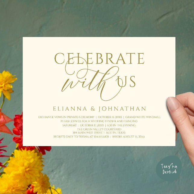 Convite Celebre conosco, Jantar de Noivado Moderno e Elega (Celebrate with us, Modern Elegant Wedding Dinner Lunch Brunch Invitation Card in Yellow Cream Gold)