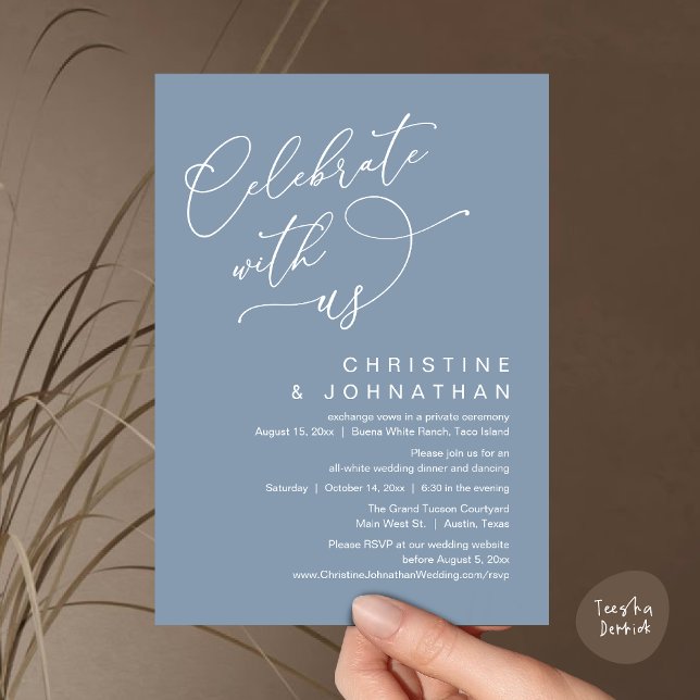 Convite Celebre conosco, Janto Romântico de Casamento Danç (Celebrate With Us, Romantic Wedding Dinner Party Lunch Brunch Invitation Card PDF Dusty Blue)