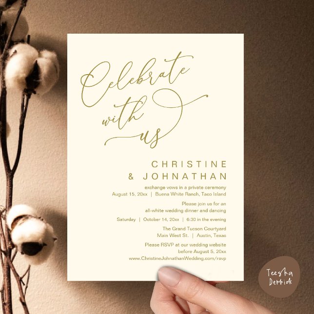 Convite Celebre conosco, Janto Romântico de Casamento Danç (Celebrate With Us, Romantic Wedding Dinner Party Lunch Brunch Invitation Card PDF Yellow Gold)