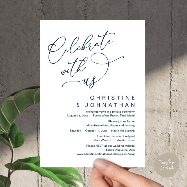 Convite Celebre conosco, Janto Romântico de Casamento Danç (Celebrate With Us, Romantic Wedding Dinner Party Lunch Brunch Invitation Card PDF Classy Navy Blue)