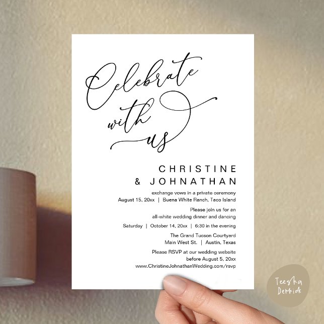 Convite Celebre conosco, Janto Romântico de Casamento Danç (Celebrate With Us, Romantic Wedding Dinner Party Lunch Brunch Invitation Card PDF White Black)
