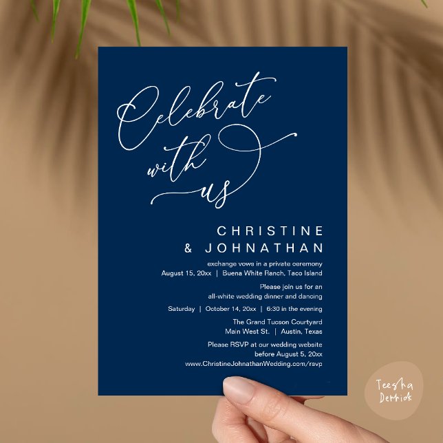 Convite Celebre conosco, Janto Romântico de Casamento Danç (Celebrate With Us, Romantic Wedding Dinner Party Lunch Brunch Invitation Card PDF Classy Navy Blue)