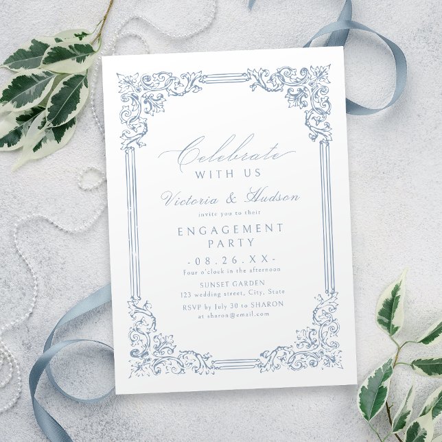 Convite Celebre Conosco! Noivado Dusty Blue Vintage (Celebrate With Us! Dusty Blue Vintage Engagement Invitation)