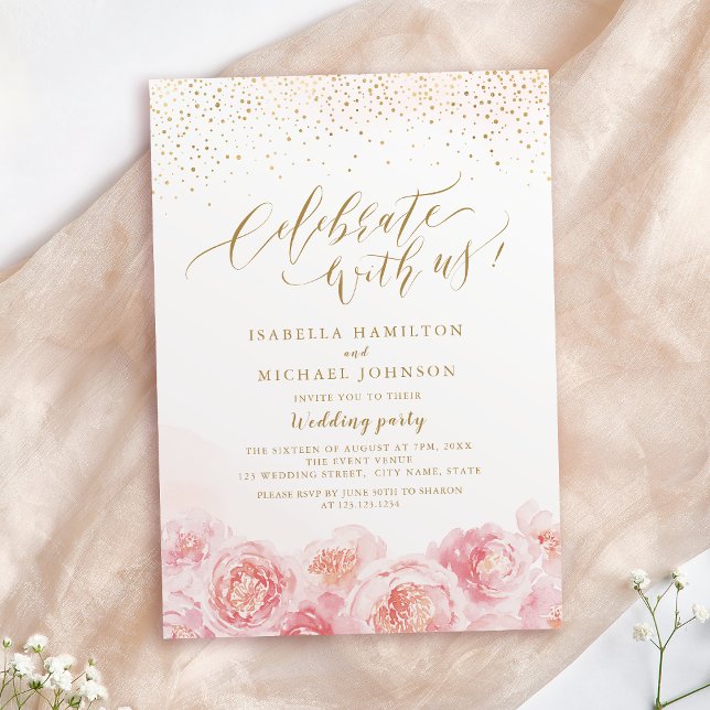Convite Celebre conosco! ouro caligrafia e borra floral (Celebrate With Us! calligraphy gold & blush floral Invitation)