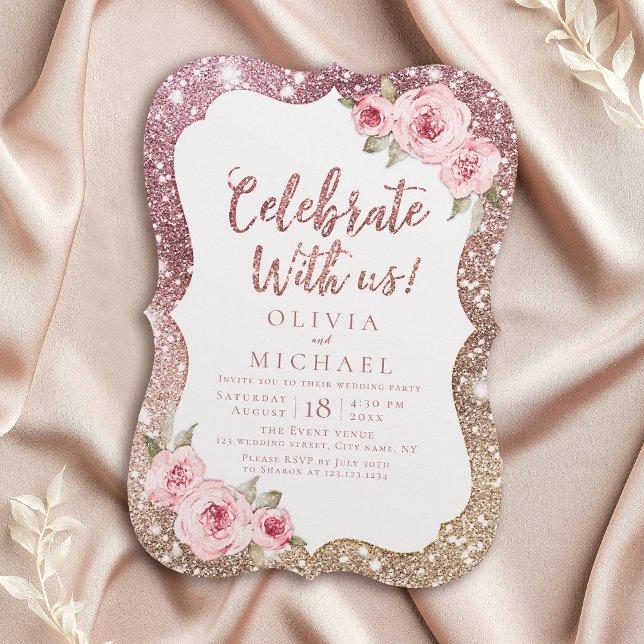 Convite Celebre Conosco! Ouro e rosa de faísca (Celebrate With Us! Sparkle rose gold and floral Invitation)