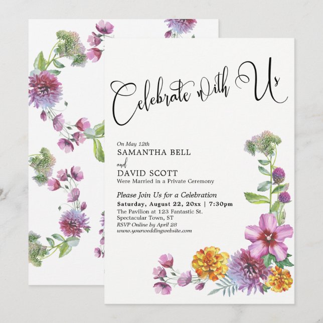 Convite Celebre Conosco Recepção de Aquarela de Flores Sil (Frente/Verso)