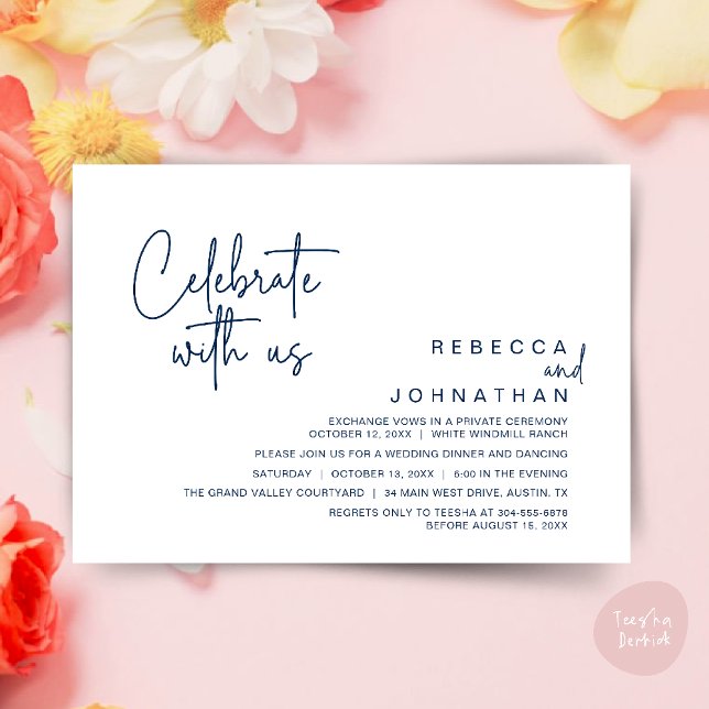 Convite Celebre conosco, Recepção de Casamento Modern Boho (Celebrate with us, Modern Boho Wedding Reception Invitation Card PDF Navy Blue)