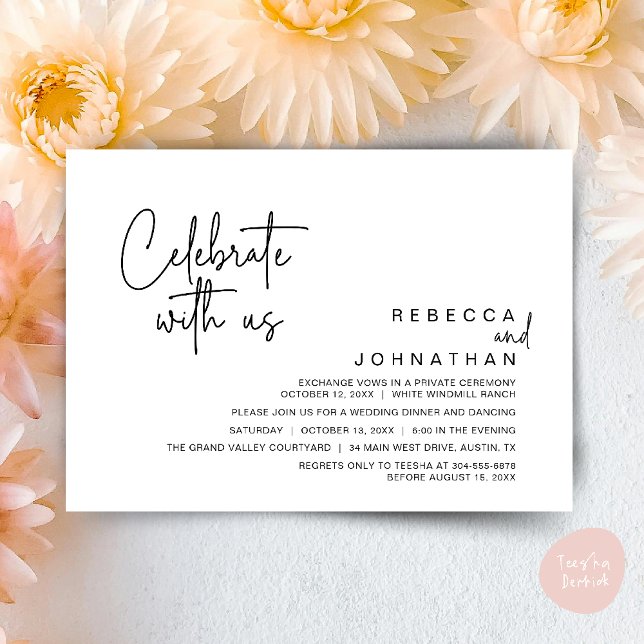 Convite Celebre conosco, Recepção de Casamento Modern Boho (Celebrate with us, Modern Boho Wedding Reception Invitation Card PDF White Black)