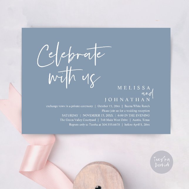 Convite Celebre conosco Recepção de Casamento Moderna (Celebrate with us Modern Casual Wedding Reception Dinner Lunch Brunch Invites Card PDF Dusty Blue)