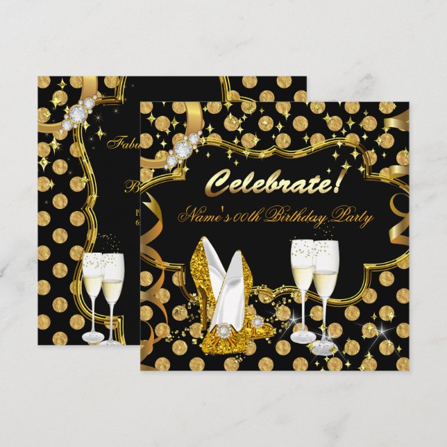 Convite Celebre Ouro Falso Folheado Bolinhas Salto Alto Fe (Frente/Verso)