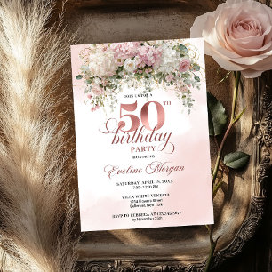 Convite Celebre Rosa Dourado Chic Eucalipto 50º Aniversári