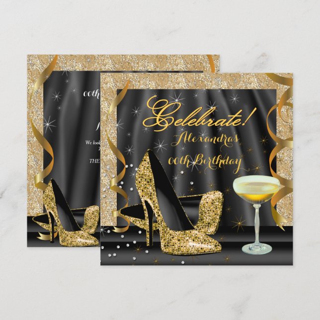 Convite Celebre Saltos Pretos com Brilho Dourado Champanhe (Frente/Verso)