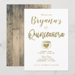 Convite Celeiro Rústico em Madeira Dourado Branco Chic Qui