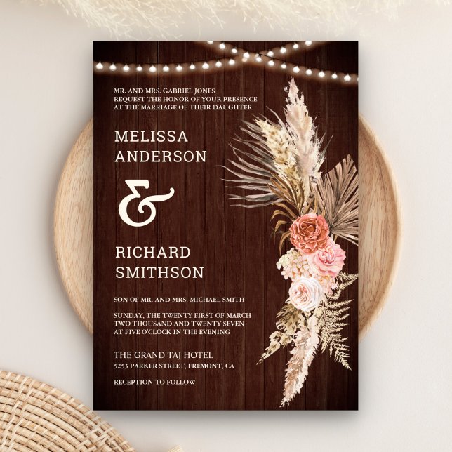 Convite Celeiro Rústico Madeira Terroso Floral Boho Pampas (Criador carregado)