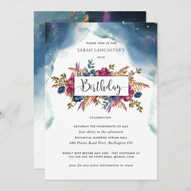 Convite Celestial Aniversário, Jewel Tone Floral (Frente/Verso)