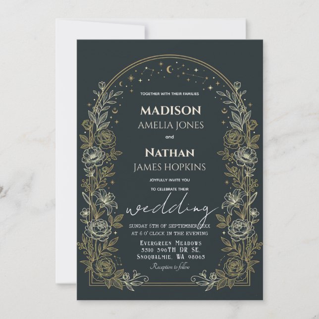 Convite Celestial Arch Wedding Invitation Gold Frame (Frente)