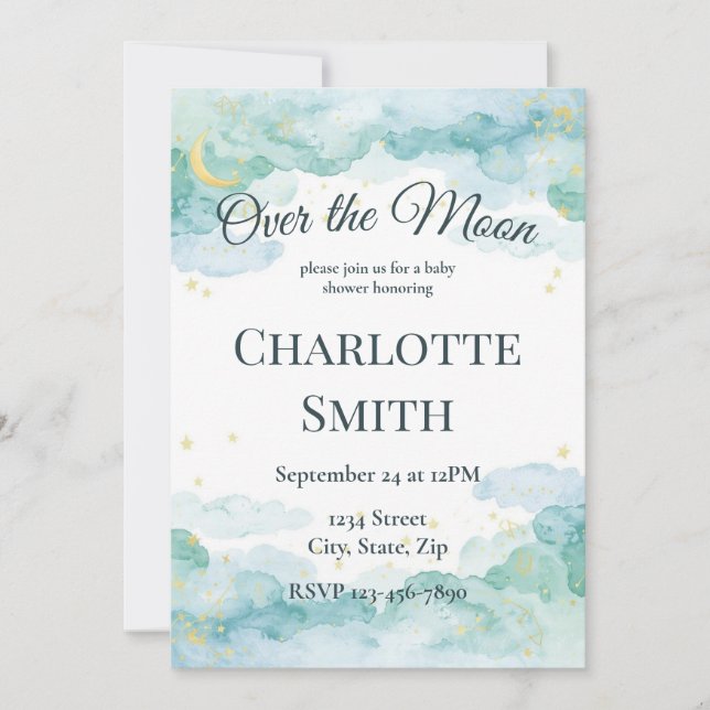 Convite Celestial Baby Shower Invitation | Watercolor Moon (Frente)