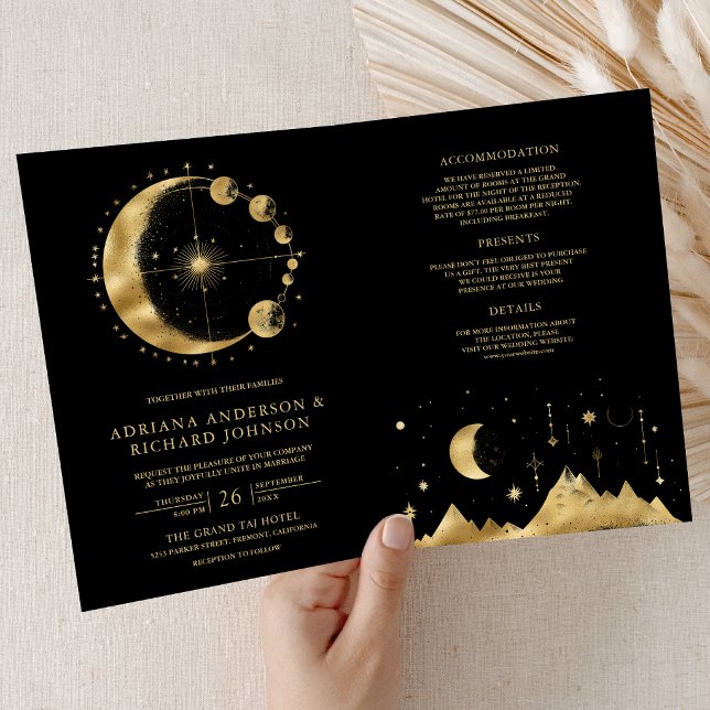 Convite Celestial Black Gold Crescent Moon Phases Wedding (Criador carregado)