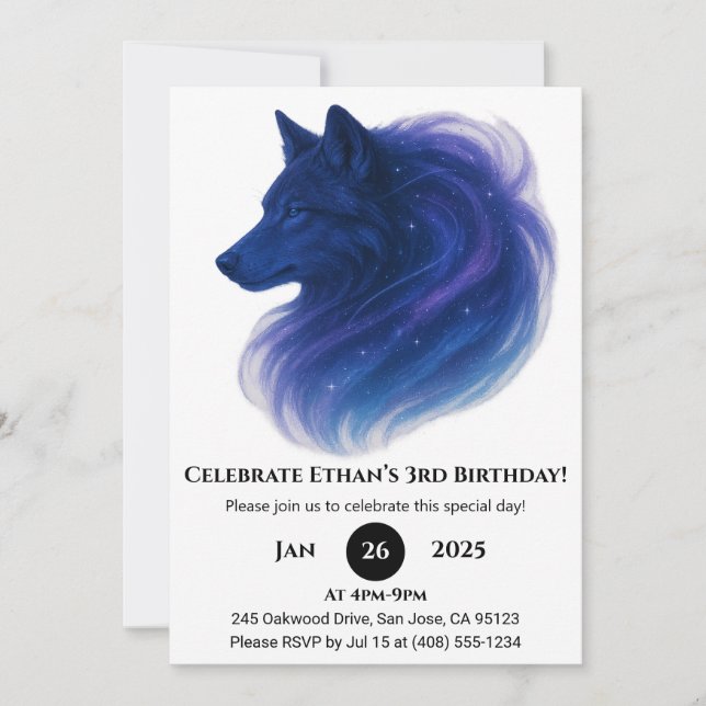 Convite Celestial Blue Wolf Birthday (Frente)