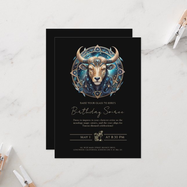 Convite Celestial Bull Zodiac Symbol Black Gold Taurus (Frente/Verso In Situ)