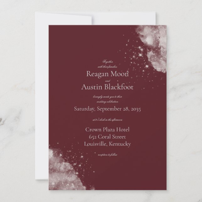 Convite Celestial Burgundy Starlight Wedding Invitation (Frente)