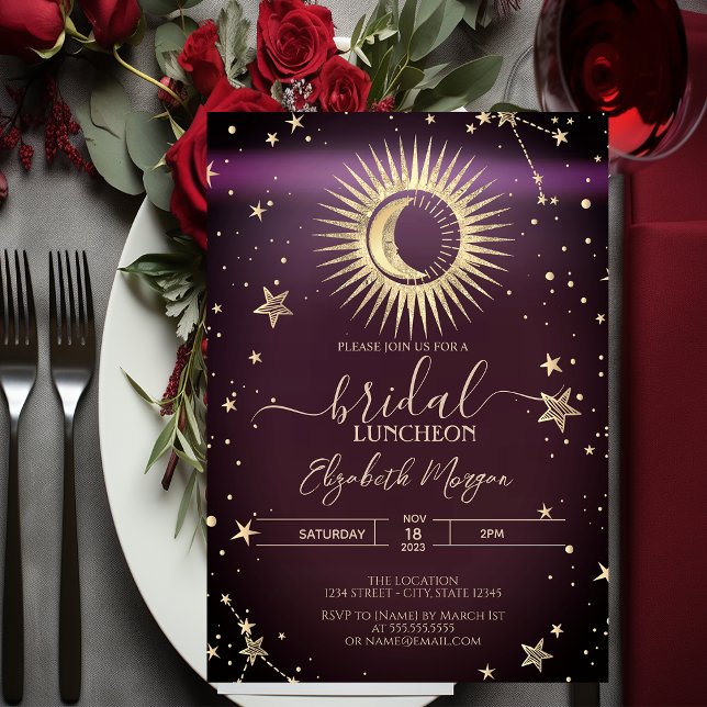 Convite Celestial Dourada Sun Moon Stars Luncheon Burgundy (Criador carregado)
