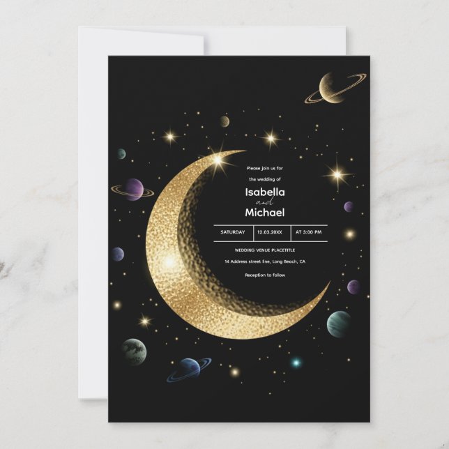 Convite Celestial Dourado Crescent Moon Casation (Frente)