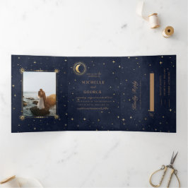 Convite Celestial Dourado De Casamento Triplo