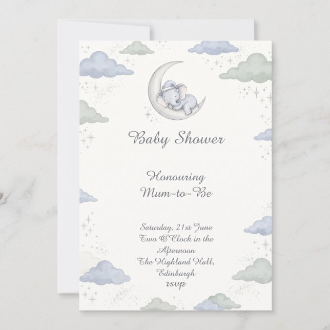 Convite Celestial Dream Elephant Baby Shower (Frente)