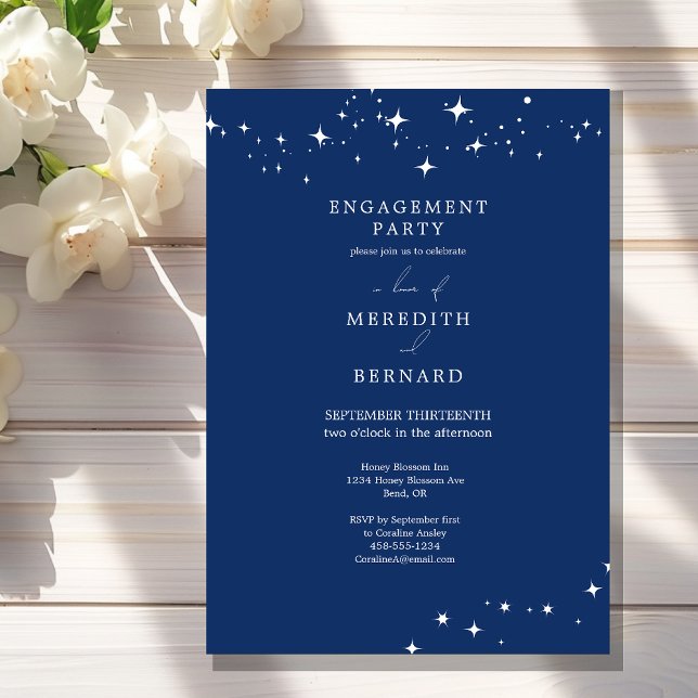 Convite Celestial Elegant Engagement Party Navy Blue (Criador carregado)