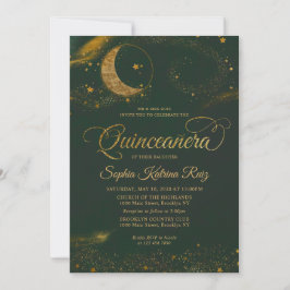 Convite Celestial Emerald Green Star Moon Quinceanera