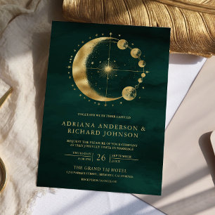 Convite Celestial Esmeralda Dourada Fase da Lua Casamento