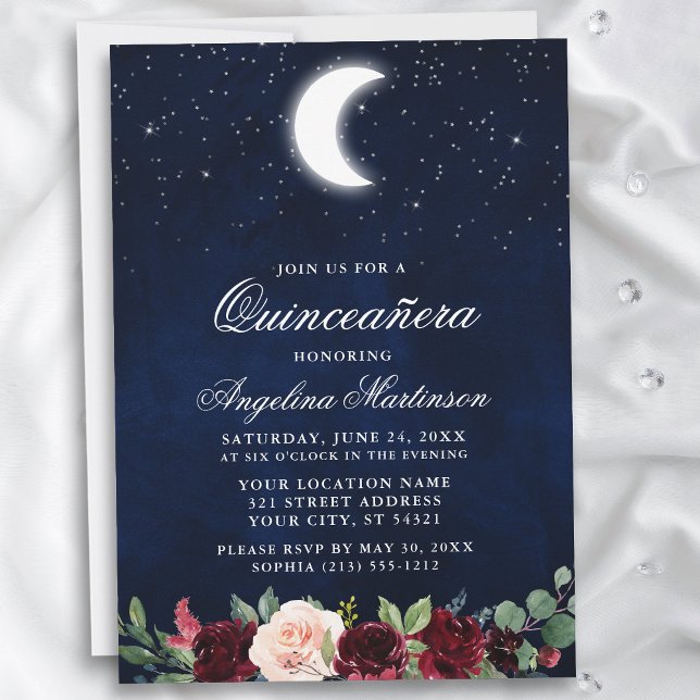 Convite Celestial Estrelas da Lua Quinceanera Floral (Customize to add text or a photo to back of card.)