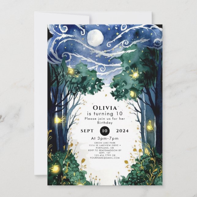 Convite Celestial Firefly Woodland Birthday (Frente)
