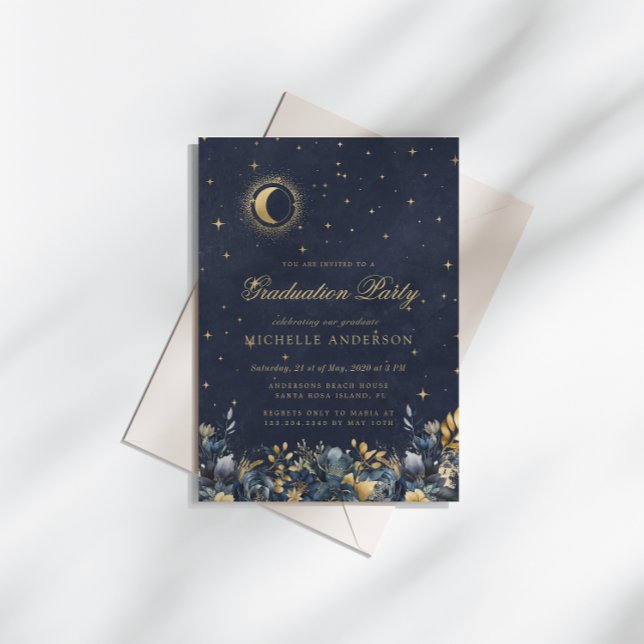 Convite Celestial Floral Blue Stars Moon Graduation Party (Criador carregado)