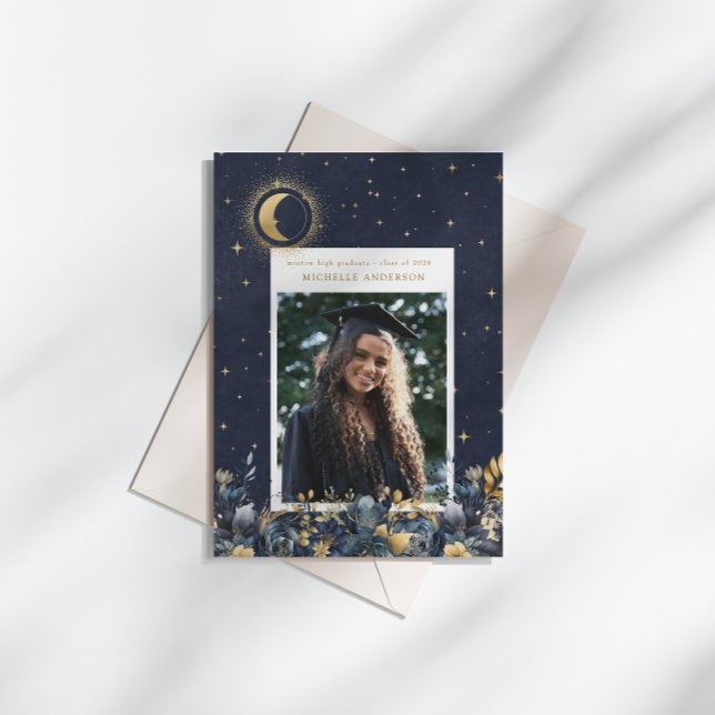 Convite Celestial Floral Moon Graduation Announcement (Criador carregado)