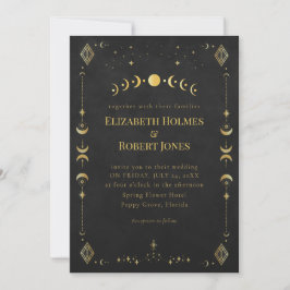 Convite Celestial Gothic Black and Gold Wedding Invitation
