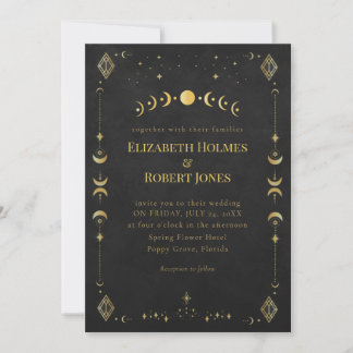 Convite Celestial Gothic Black and Gold Wedding Invitation