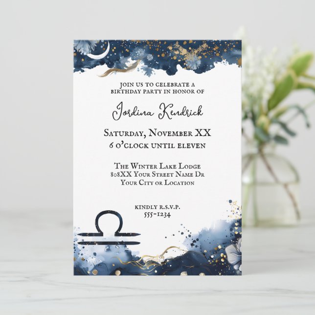 Convite Celestial Horoscópio Libra Aniversário (Em pé/Frente)