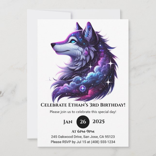Convite Celestial Howl Wolf Birthday (Frente)
