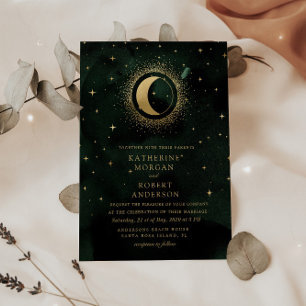 Convite Celestial Meia-Noite Verde Estrelas Lua Casamento