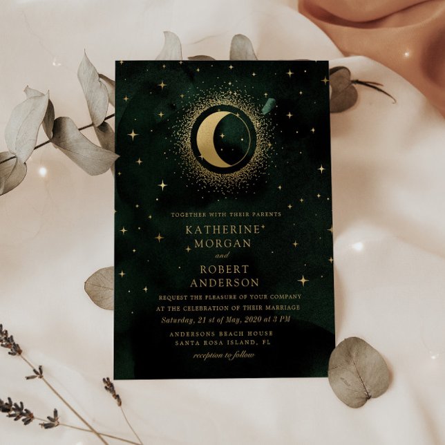 Convite Celestial Meia-Noite Verde Estrelas Lua Casamento (Criador carregado)