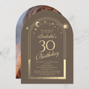 Convite Celestial Mocha Dourada Sun Moon Stars aniversário