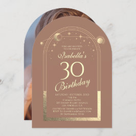 Convite Celestial Mocha Dourada Sun Moon Stars aniversário