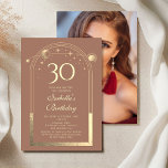 Convite Celestial Mocha Dourada Sun Moon Stars aniversário<br><div class="desc">A Celestial Mocha Mousse, Dourada Sun Moon Astronomy aniversário de 30 anos Photo Invirs, apresenta um elegante sol dourado, lua e estrelas com um quadro de ouro sobre um fundo mousse mocha. Dentro é a sua informação de convite de 30 anos. Ao contrário, adicione sua foto favorita. Projetado para você...</div>